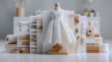 A white dress is displayed on a mannequin in front of a sewing machine. Concept of nostalgia and craftsmanship, as it features a vintage sewing machine and a variety of books and other items
