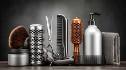 A collection of hair care products including a comb, scissors, and a bottle of shampoo. Concept of organization and care for one's appearance