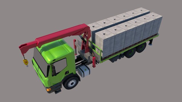 3D isometric image of a green semi-truck with a red mounted crane loaded with stacks of 60cm x 20cm x 10cm lightweight gray bricks on pallets, set against a gray backdrop, defining material handling