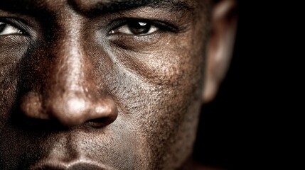 Fototapeta premium Extreme close up portrait of an African man's face showing sweat and texture