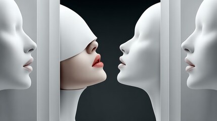 Abstract close up of stylized faces and smooth curved forms against a dark background