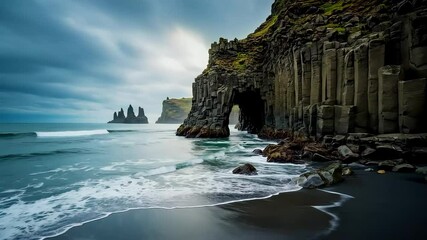 Waves crash against black sand and towering basalt cliffs under a dramatic sky near a cavernous ocean. Concept of wildlife and geologic wonder - Powered by Adobe