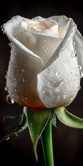 Delicate white rose bud with numerous water droplets on petals dark background