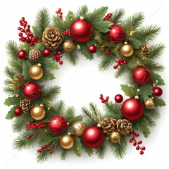 Festive Christmas wreath with green pine branches, red balls, ornaments and ribbon bow for holiday decoration, isolated on white background