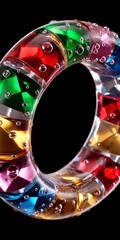 Close up of a colorful glass ring filled with bubbles against a black background