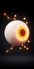 Glowing human eyeball with intricate connections of orange light particles against a dark background