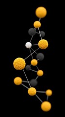 Abstract molecular structure with yellow grey and white spheres connected by lines against black