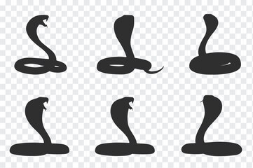 Collection of six distinct black cobra snake silhouettes in various poses on a transparent background