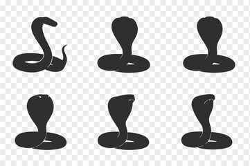 Collection of stylized black cobra snake silhouettes in various poses and angles on a transparent background