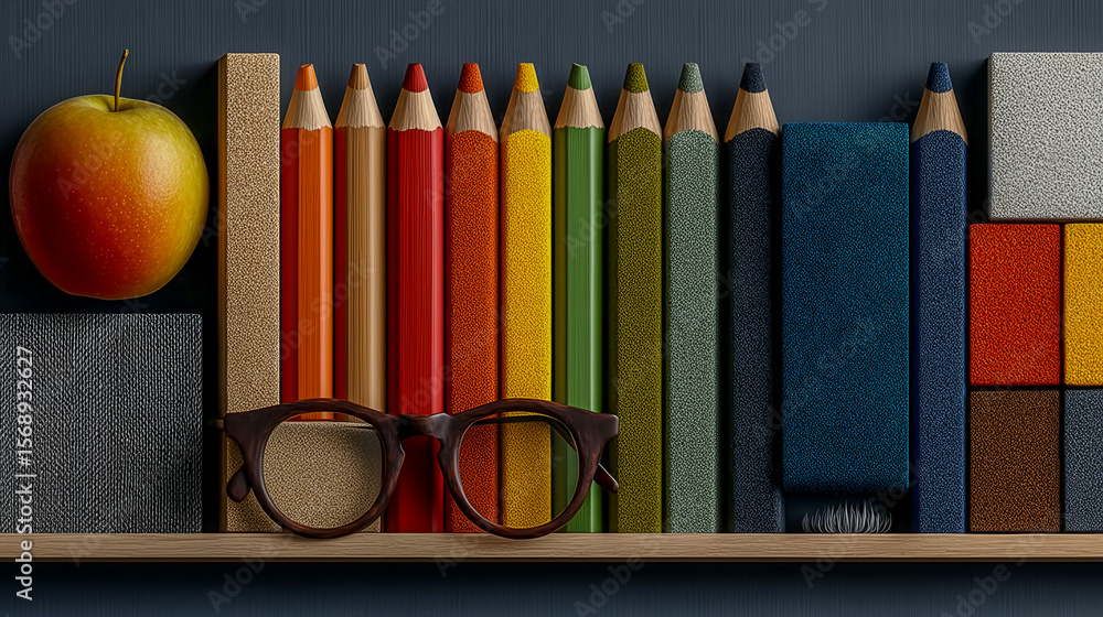 Poster a shelf with a variety of books and a red apple. the books are arranged in a rainbow pattern, and th