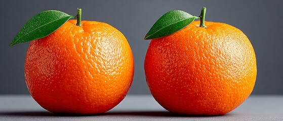 Two ripe oranges with green leaves and textured skin on a neutral background
