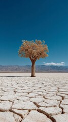 Lone tree stands in a barren cracked dry landscape under a vast blue sky with distant mountains
