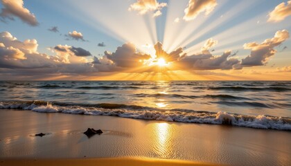 Beautiful Sunrise over Tranquil Ocean Waters with Colorful Cloudy Sky and Gentle Waves