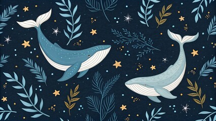 Whales in a Starry Underwater World