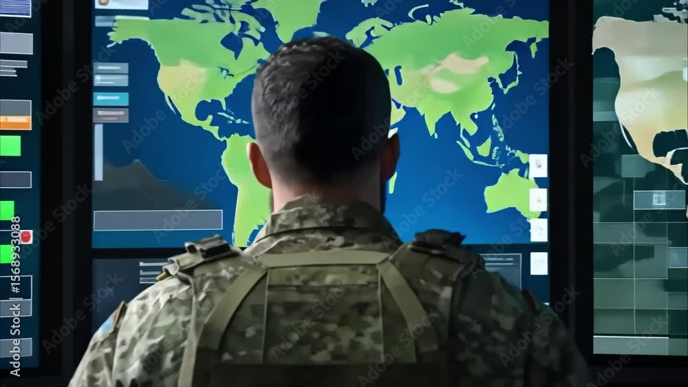 Aufkleber a soldier observing multiple screens displaying maps and data, likely in a command center or militar