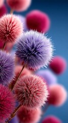 Close up of fluffy purple and pink flower heads against a blurred blue background