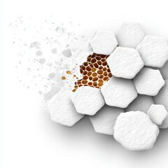 White hexagonal cells reveal honeycomb structure with amber liquid splatters