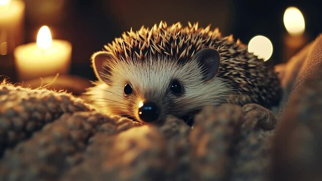 Close-up of a hedgehog nestled in warm textiles, bathed in soft candlelight