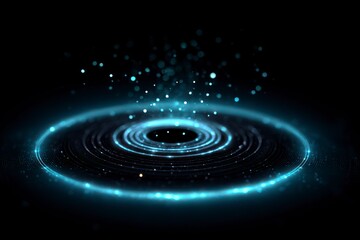 Glowing blue circular light trails emerging from a dark abyss with scattered bokeh particles