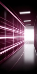 Abstract futuristic digital hallway with glowing purple lines and bright light at the end