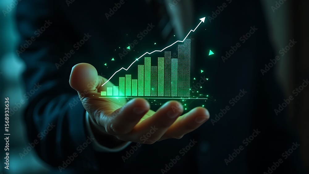 Poster a person s hand displays a glowing green digital bar graph with an upward trending line symbolizing 