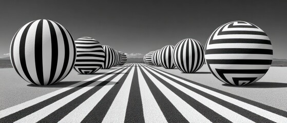Black and white striped spheres arranged on a striped pathway in an outdoor landscape