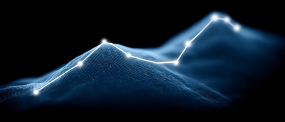 Blue mesh topography with a glowing white line graph showing an upward trend