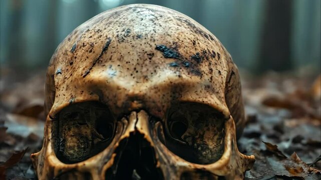A human skull rests on a bed of dry leaves in a forested setting, surrounded by natural decay and soft lighting.