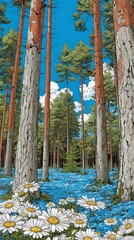 Tall pine trees and blooming white daisies cover a forest floor carpeted with small blue flowers under a sky