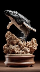 Realistic humpback whale breaching over coral reef on a dark background detailed sculpture