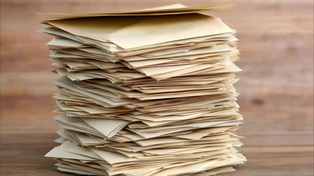 A tall stack of yellowed paper or envelopes on a wooden surface.