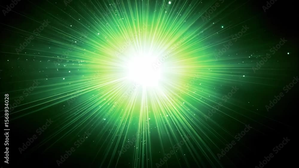 Poster a vibrant green burst of light with radiating beams and sparkling particles, creating a sense of ene