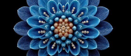 Macro close up of a striking blue dahlia flower with intricate petal details and golden stamens