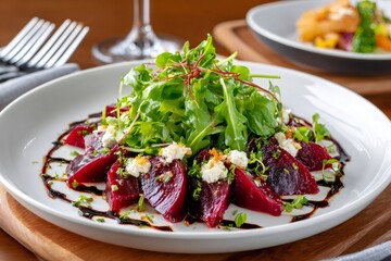 Gourmet beet salad with fresh arugula and cheese