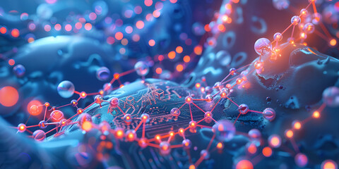 Obraz premium DNA strand with data points visualization, Molecular network with bio-information, Genetic sequence structure with glowing nodes