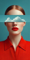 Woman's face split with red lips and clouds against a blue background mouth