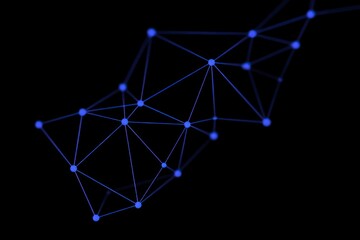 Abstract blue geometric network with connected nodes on a black background