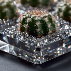 Small green cactus with sharp white spines nestled in a decorative crystal bowl filled with clear rhinestones