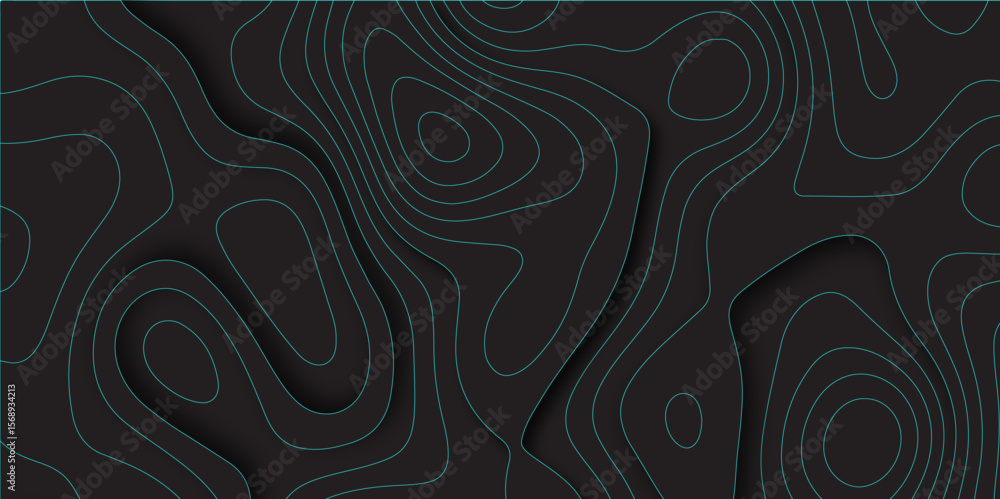 Poster abstract black blue gradient topographic line map pattern background with shadow. contour elevation 