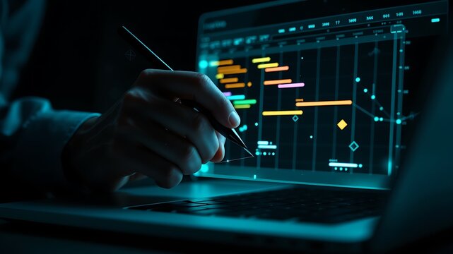 Close up of a person s hand using a stylus on a laptop displaying a colorful digital gantt chart with data visualizations in a dark futuristic setting