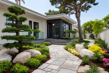 Beautiful landscaping featuring stone walkway leading to modern house