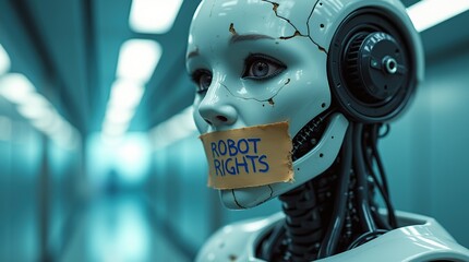 Futuristic robot with expressive features advocating for artificial intelligence rights