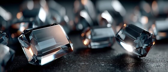 Polished faceted diamonds glistening on a textured dark surface with soft bokeh background