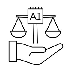 Fairness icon.  Scales of Justice Representing Equal Treatment and Non-Bias in AI Algorithms and Decisions. Black Outline.