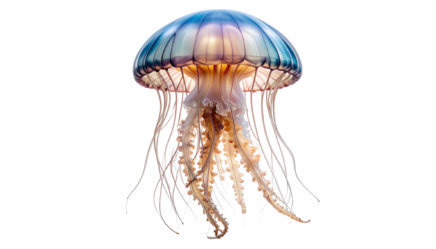 Vertical underwater portrait of a jellyfish-shaped object glowing gently.