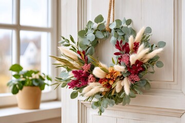 Beautiful autumnal wreath hanging on a white door with eucalyptus leaves, bunny tails grass, and colorful flowers