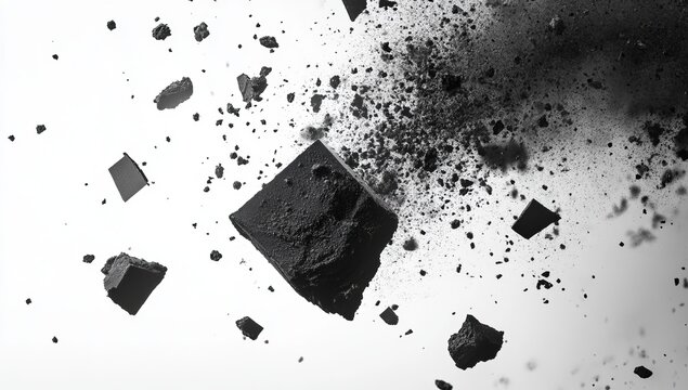 Black cube exploding into fragments against white background.