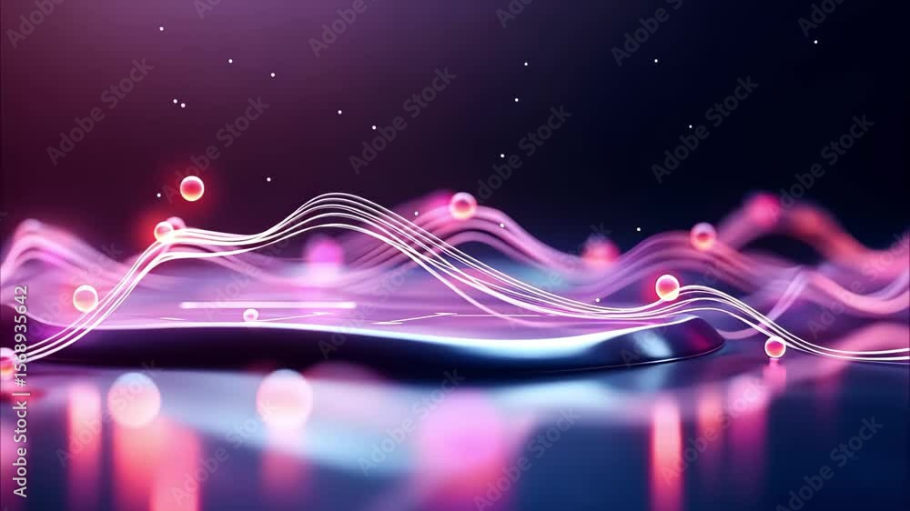 Poster a blend of colorful waves and spheres creating a futuristic and abstract digital landscape.