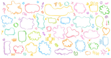 Vibrant sketchy comic bubbles and cloud elements in pastel palette, hand drawn communication shapes set