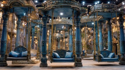 Obraz premium Ornate swings hanging from intricately carved pillars in luxurious palace setting